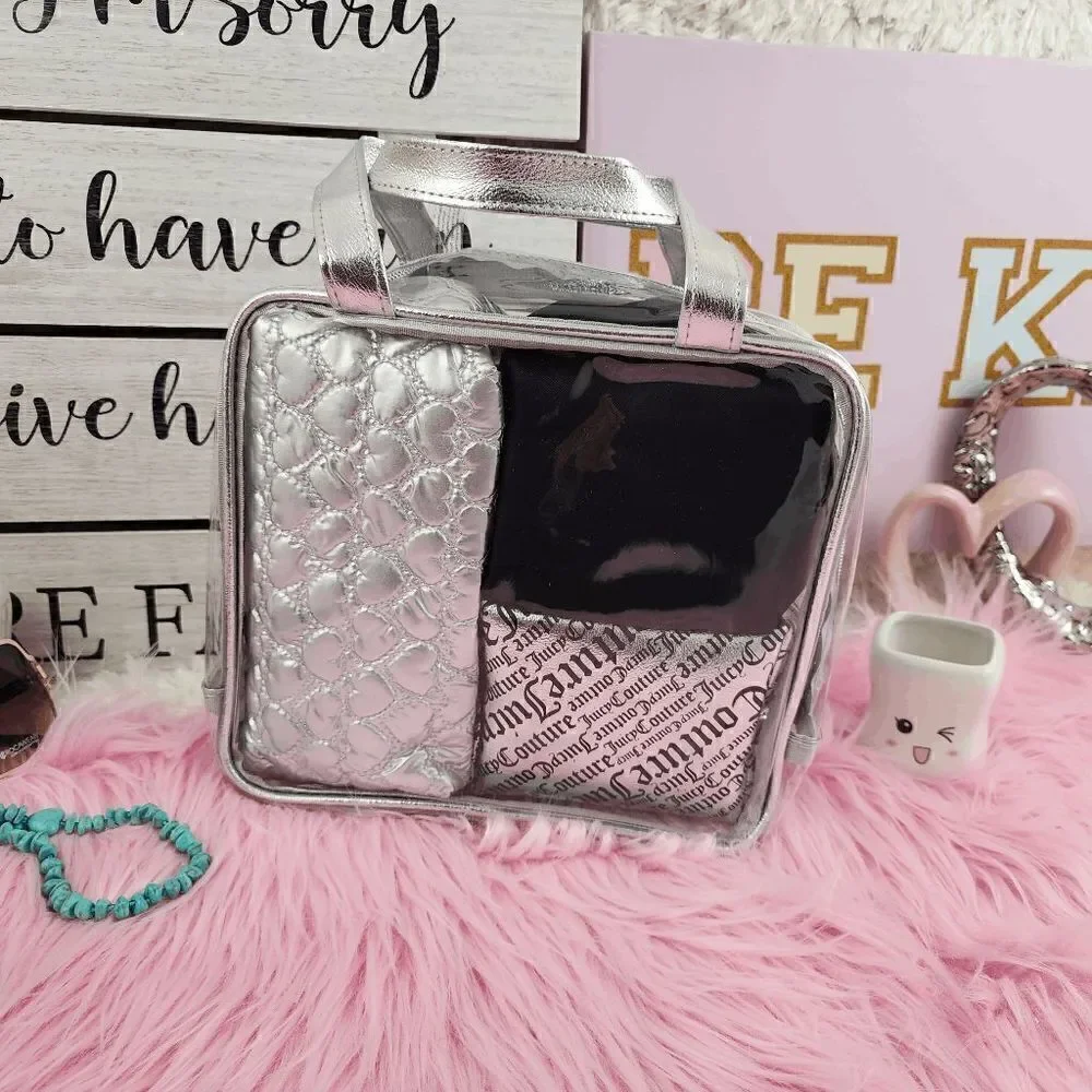 NWT {Juicy Couture} 4 Pieces Set Cosmetics Bags Black Silver NWT